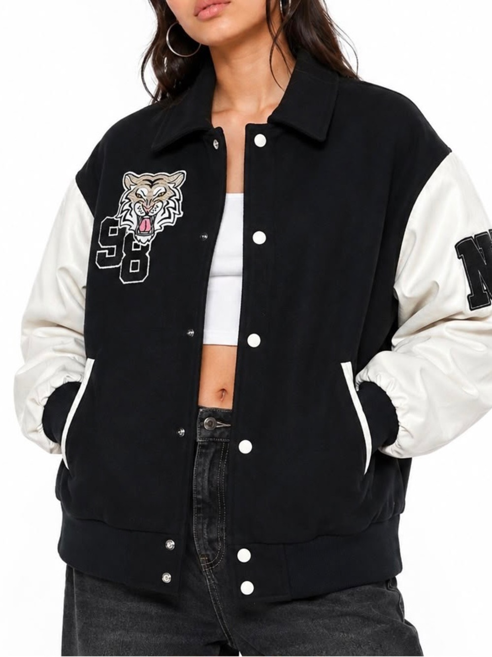 Garage Womens XS/S Black White Varsity Jacket Tiger Patch Faux Leather Y2K